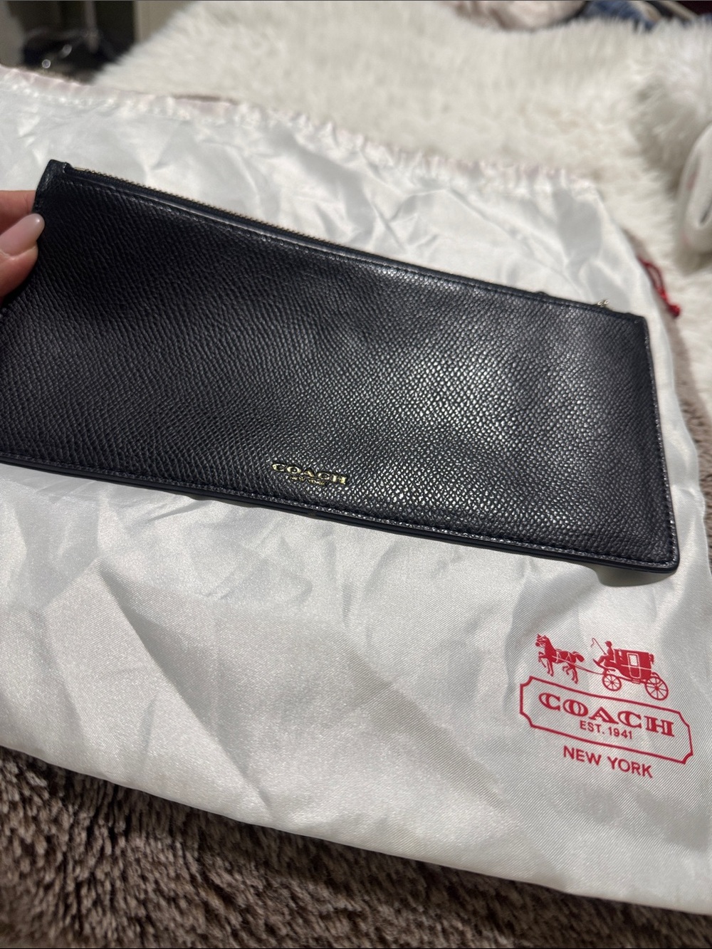 Coach Black Pebble Leather Zip Pouch with Gold Logo